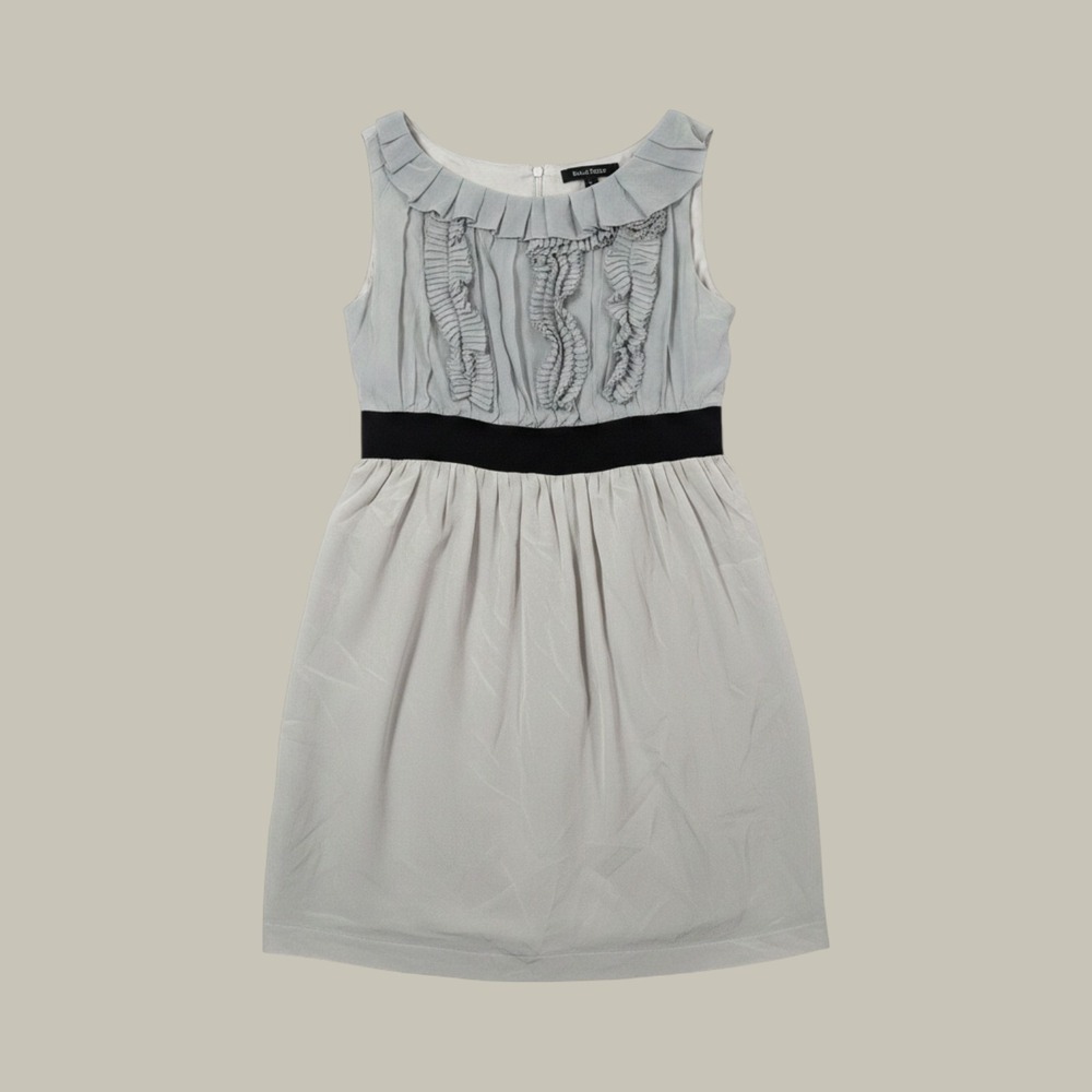 MM Couture by Miss Me Silk Ruffle Dress Womens Small Beige Black Velvet Trim